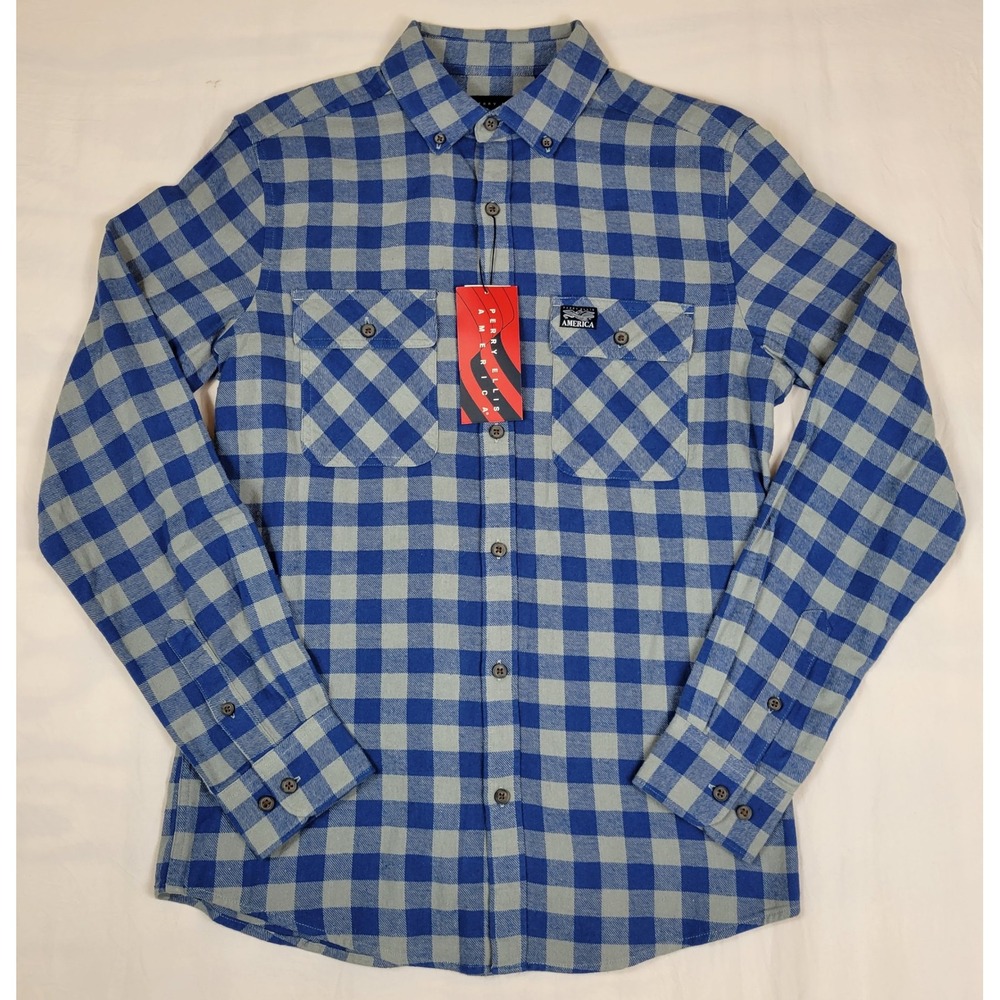 Perry Ellis America Mens Navy Blue Grey Plaid Flannel Shirt EGFW9003PX Small NEW